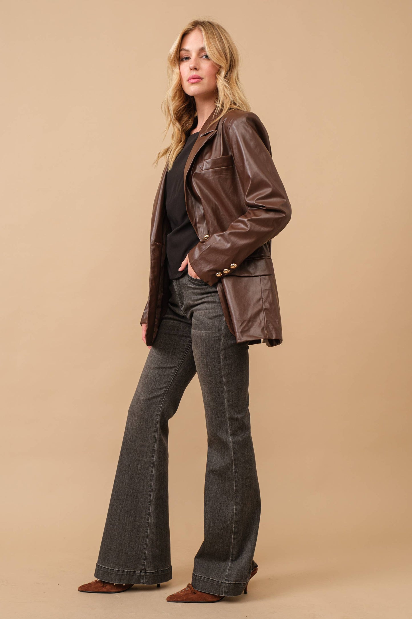 Blue B Faux Leather Boyfriend Fit Single Blazer