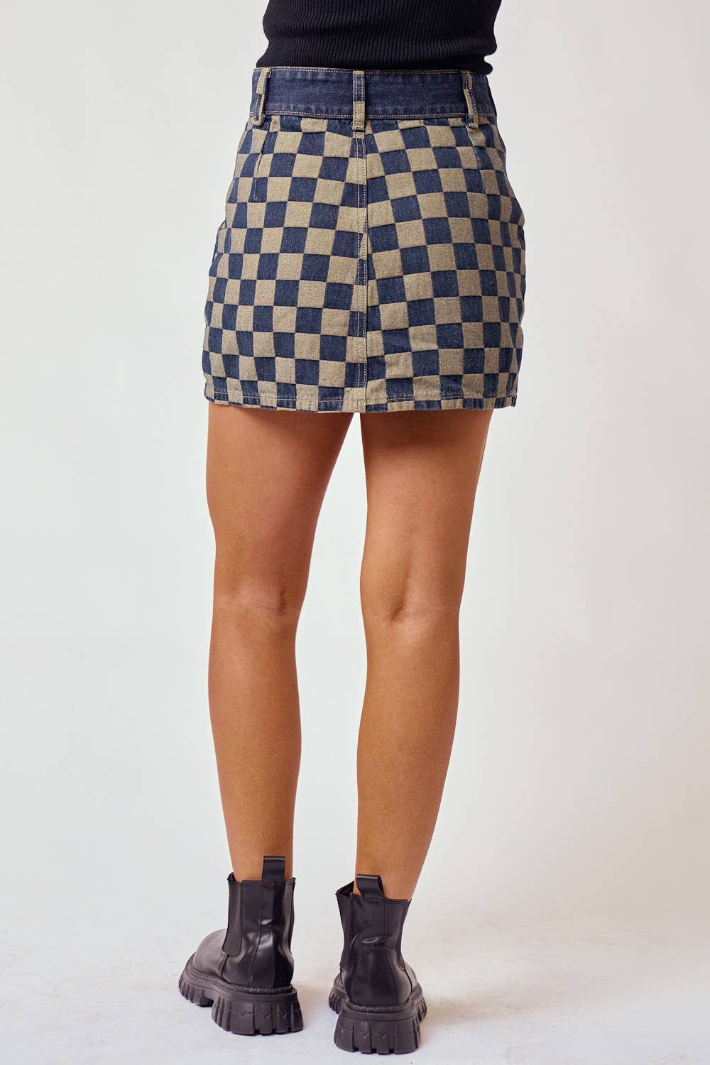 Blue Blush - CHECKERED MINI DENIM SKIRT WITH POCKETS