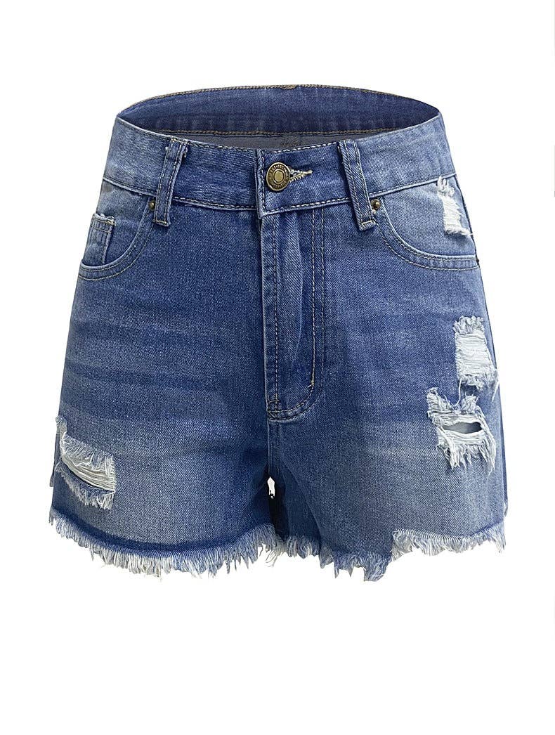 Sweetkama - Ladies Distressed High Waist Denim Shorts