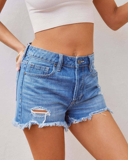 Sweetkama - Ladies Distressed High Waist Denim Shorts