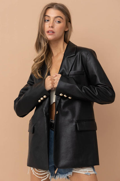 Blue B Faux Leather Boyfriend Fit Single Blazer