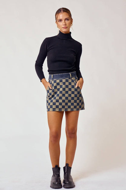 Blue Blush - CHECKERED MINI DENIM SKIRT WITH POCKETS