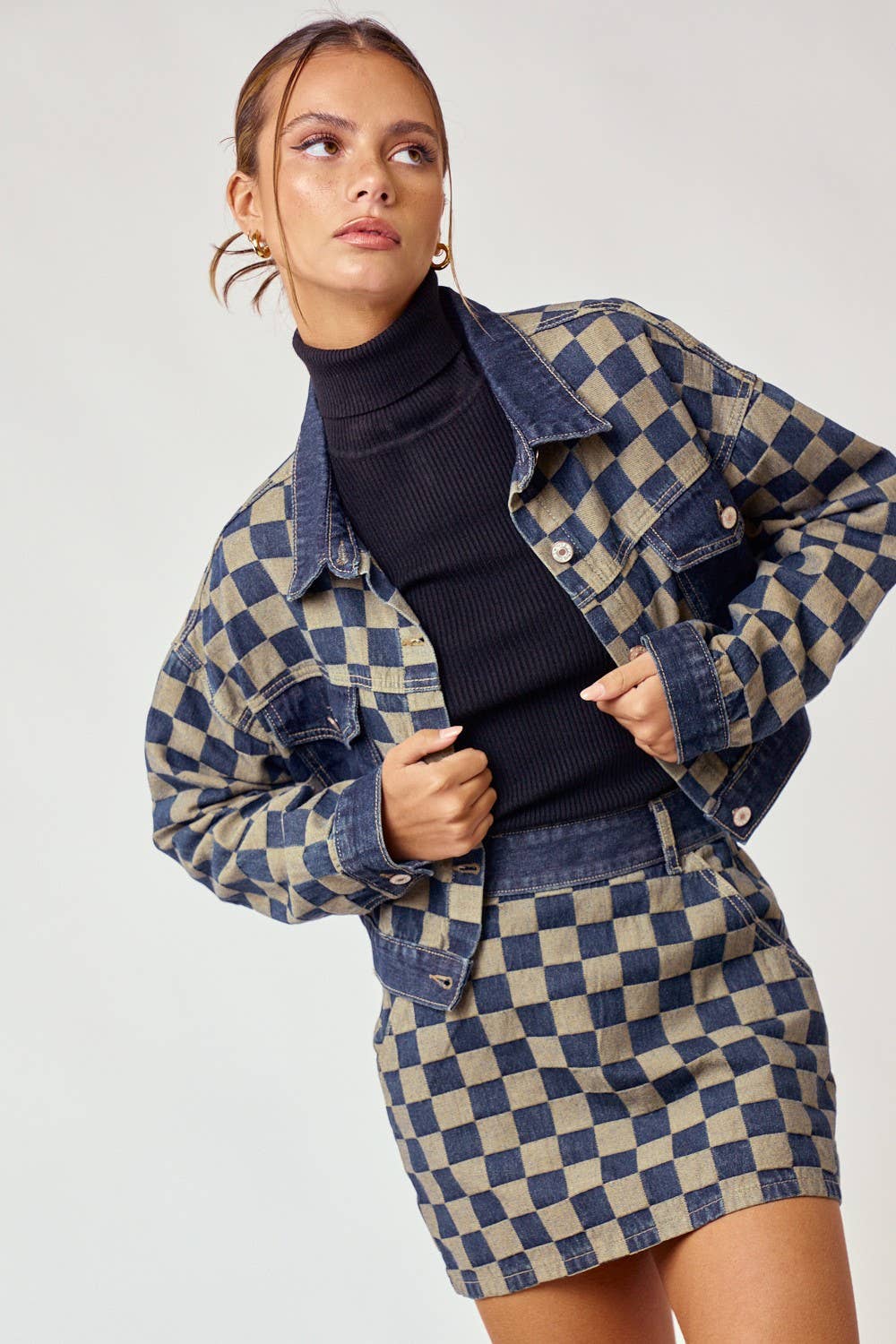 Blue Blush - CHECKERED MINI DENIM SKIRT WITH POCKETS