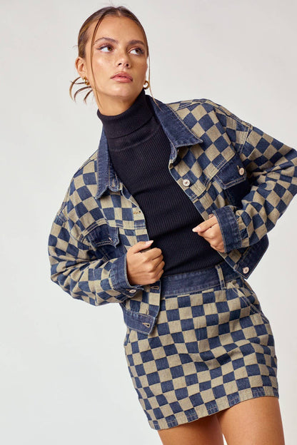 Blue Blush - CHECKERED MINI DENIM SKIRT WITH POCKETS