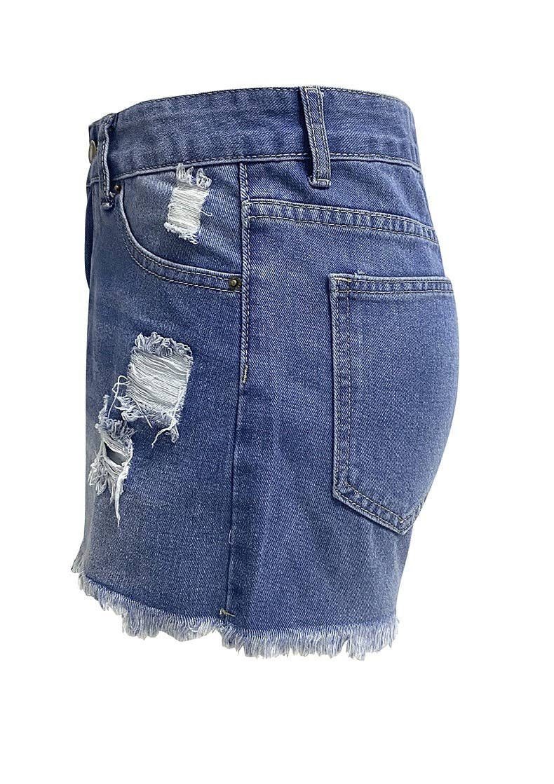 Sweetkama - Ladies Distressed High Waist Denim Shorts
