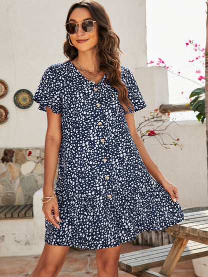 Animal Print Button Front Flutter Sleeve Dress