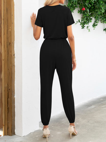 Short Sleeve V-Neck Jumpsuit with Pockets